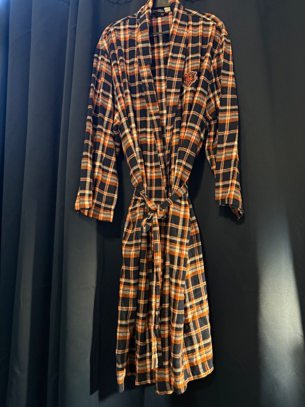 Men’s Chicago Bears Plaid Robe - Nay, White and Orange Flannel Bathrobe